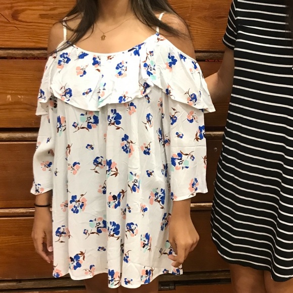 White Floral Cold-Shoulder Dress - Picture 1 of 6